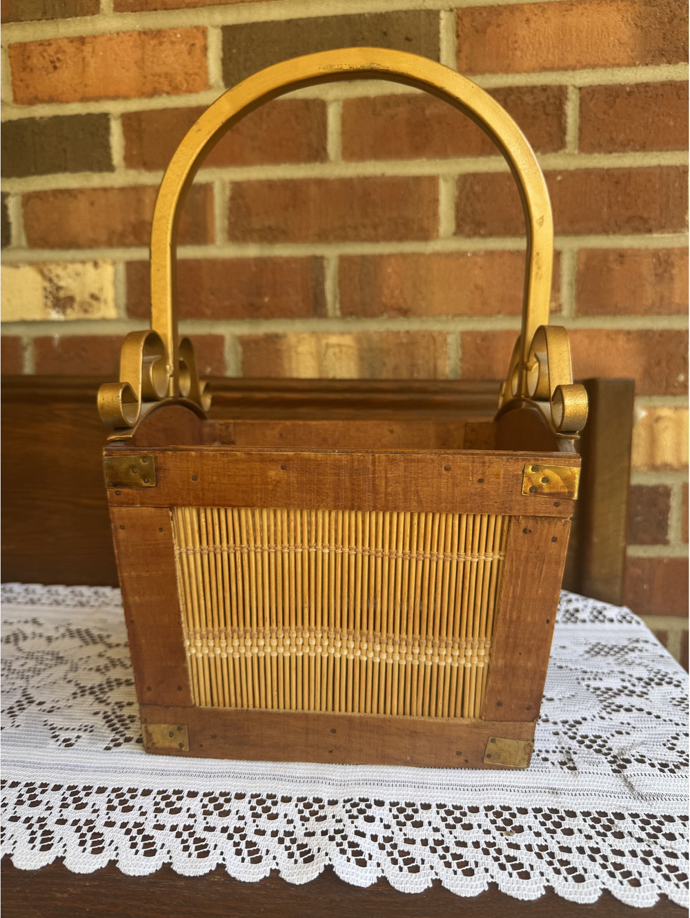 Vintage Wooden and Bamboo Storage Basket with Decorative Handle